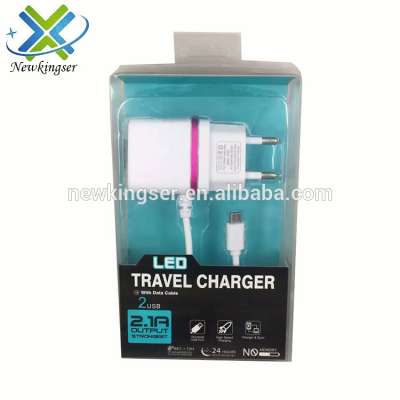 Wholesale Cheap 5V 2.1A Dual Usb Port LED Travel Charger With Date Cable